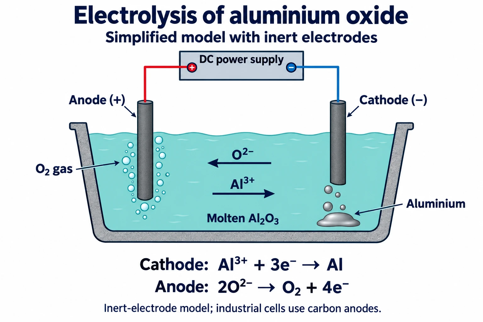 Simplified electrolysis of molten aluminium oxide with inert electrodes, showing DC polarity, ion movement, oxygen at the anode, and aluminium at the cathode