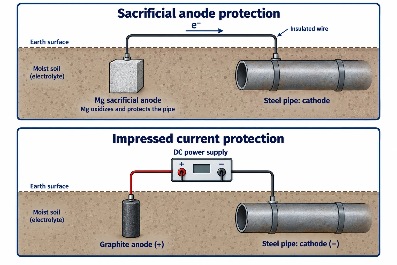 Comparison of sacrificial magnesium anode protection and impressed current protection with a DC source and graphite anode