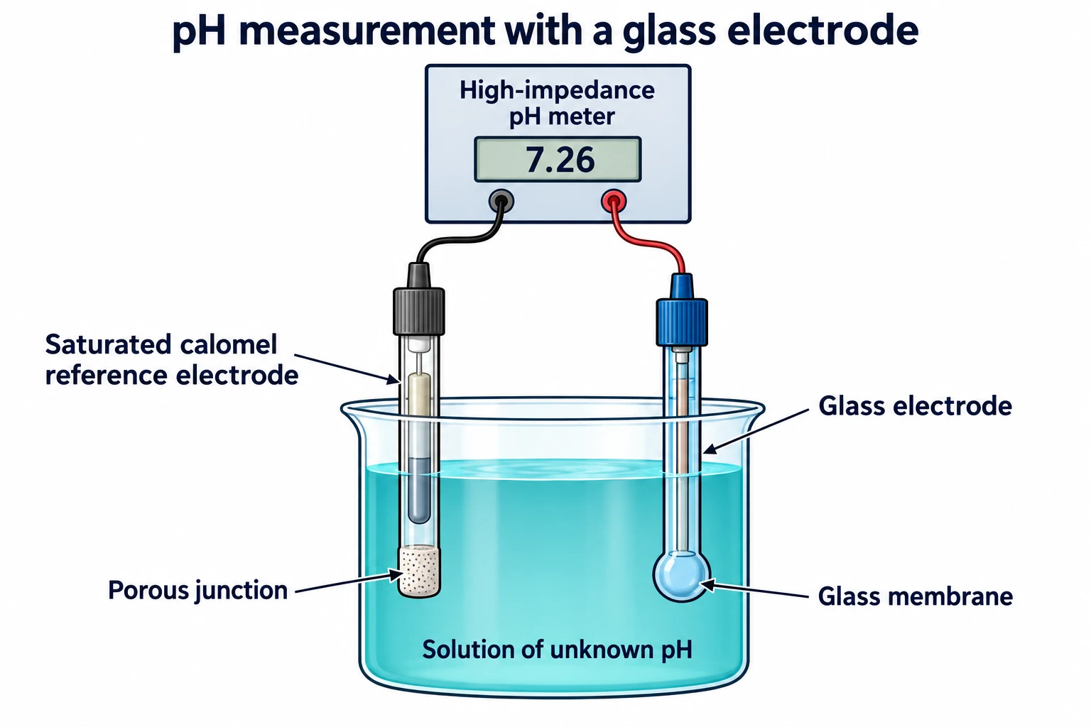 pH measurement setup with a high-impedance meter, calomel reference electrode, and glass electrode immersed in the unknown solution