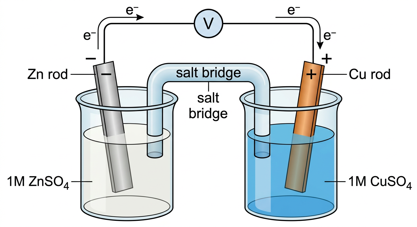 Daniell cell diagram showing a zinc anode in zinc sulfate solution, a copper cathode in copper sulfate solution, a salt bridge, and an external circuit with a voltmeter