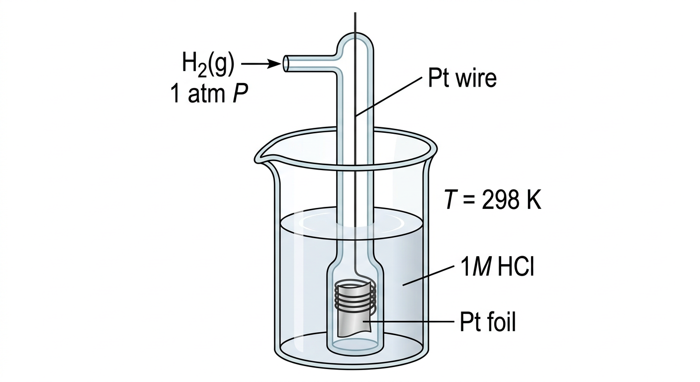 Schematic diagram of the Standard Hydrogen Electrode showing a platinized platinum foil immersed in acid solution with hydrogen gas inlet at the top.