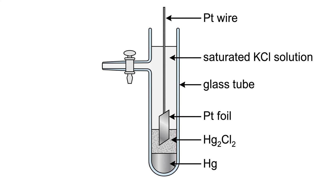 Cross-sectional diagram of a calomel reference electrode showing the mercury pool, mercurous chloride paste, KCl solution, and platinum wire contact