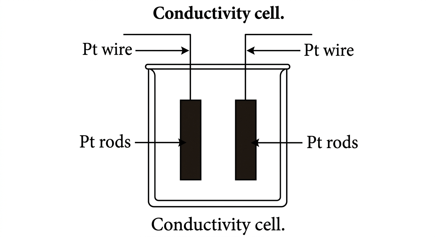 Diagram of a conductivity cell showing a glass tube with two platinum electrode plates connected to platinum wires