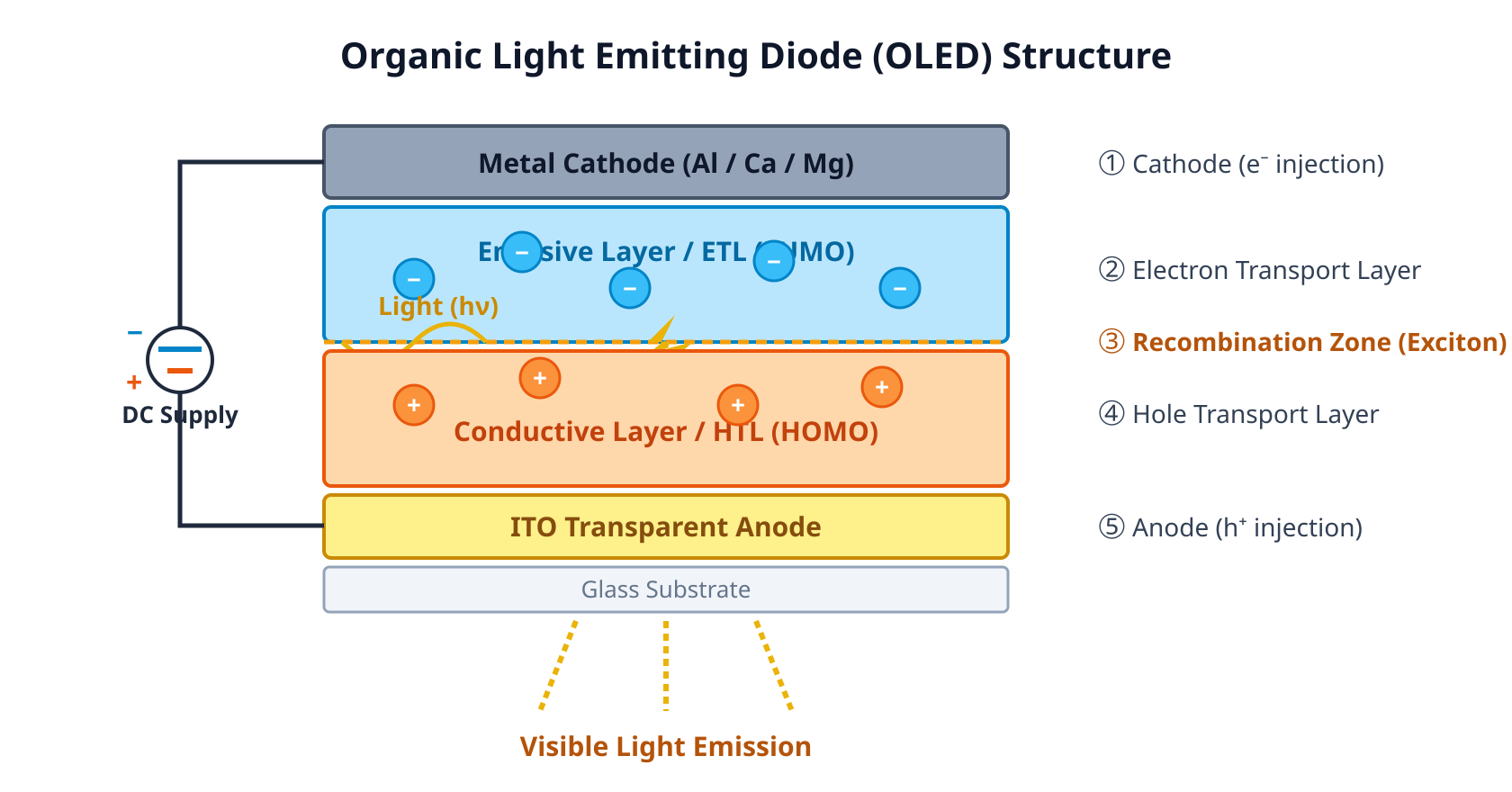 Diagram of a simplified two-layer OLED structure showing cathode, emissive layer, conductive hole-transport layer, and transparent anode connected to a DC voltage source