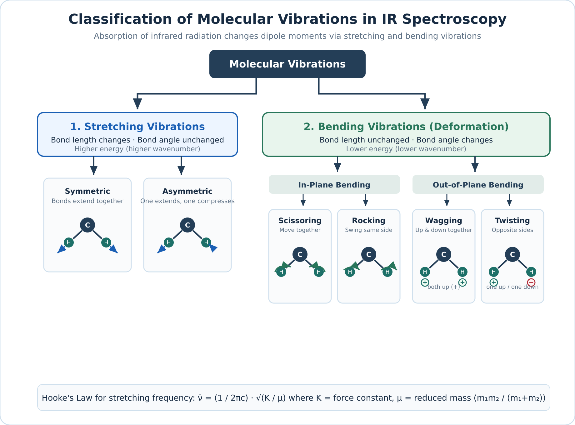 Flowchart classifying molecular vibrations into symmetric and asymmetric stretching, and in-plane (scissoring, rocking) and out-of-plane (wagging, twisting) bending