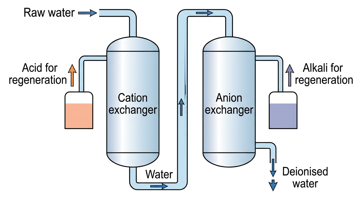 Schematic diagram of a two-column ion-exchange demineralization unit showing hard water entering the cation exchange bed, then the anion exchange bed, with acid and alkaline regenerators