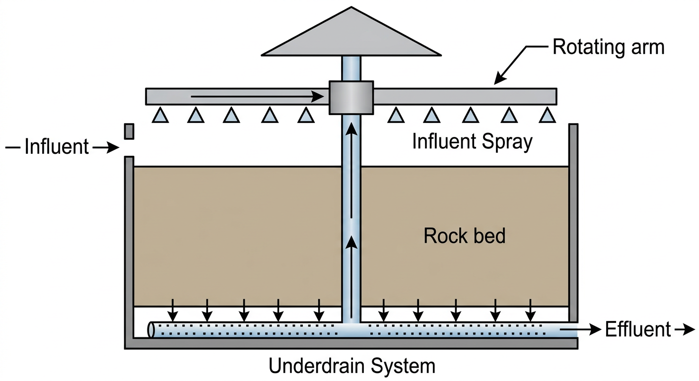 Cross-sectional diagram of a trickling filter showing the rotating distributor arm, packing media bed, underdrain system, and effluent outlet.