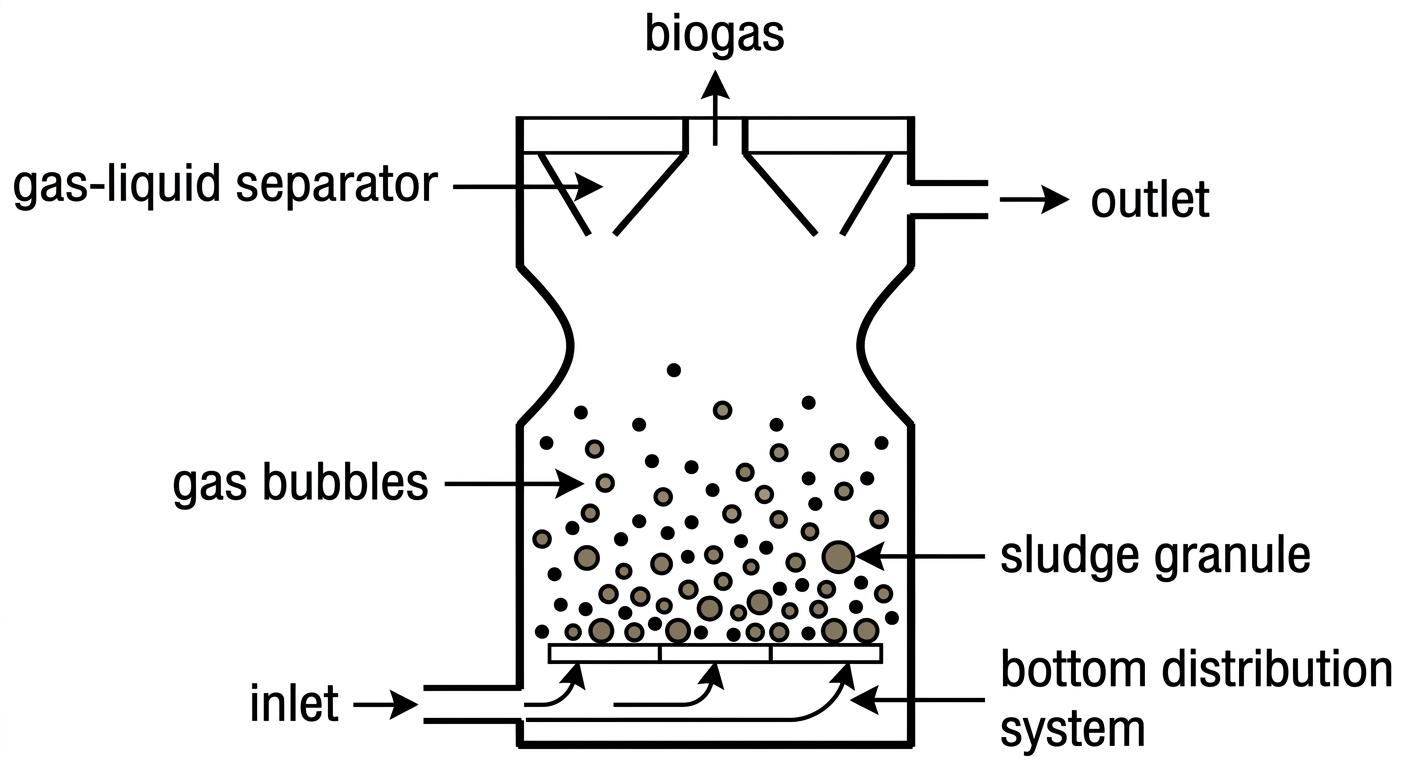 Schematic diagram of a UASB reactor showing bottom influent feed, anaerobic granular sludge blanket, biogas collector dome, and top effluent outlet.