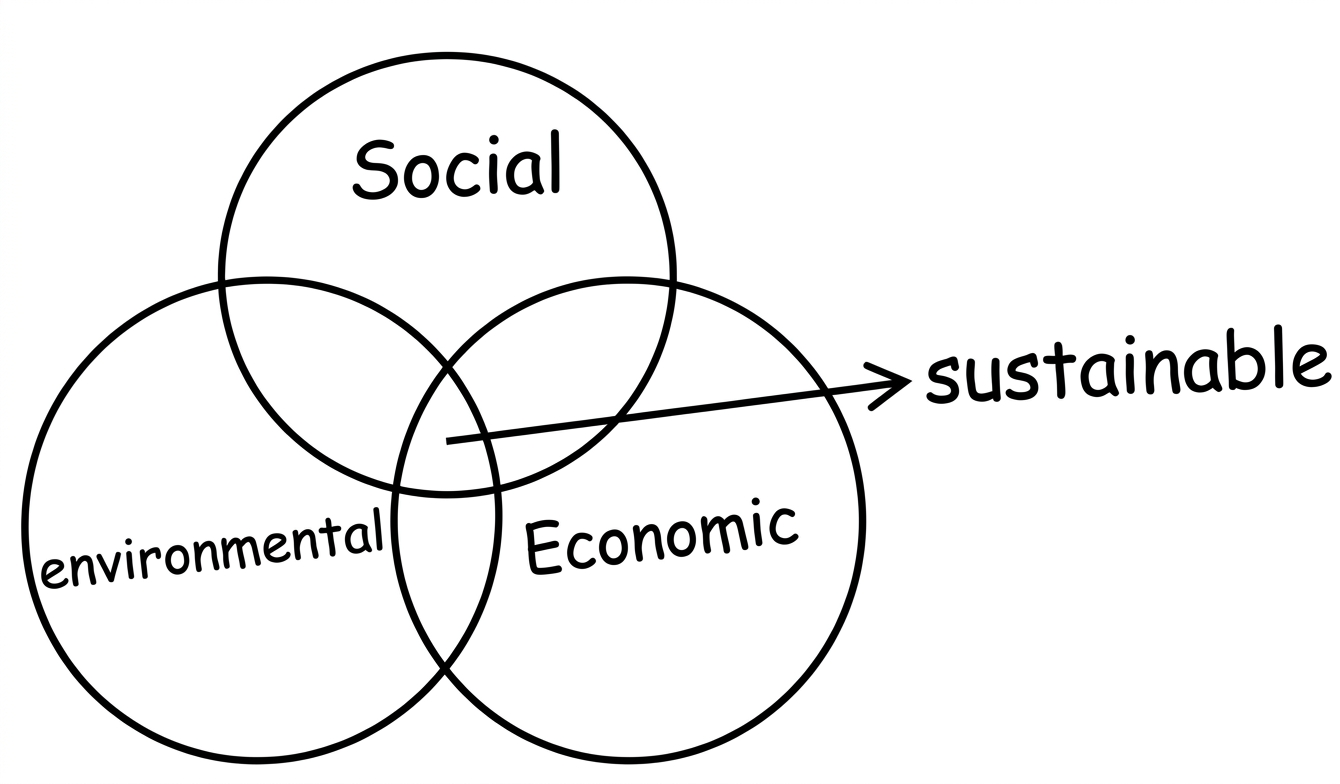 Venn diagram of the three pillars of sustainable development: Social, Environmental, and Economic, with their intersection labeled 'sustainable'.