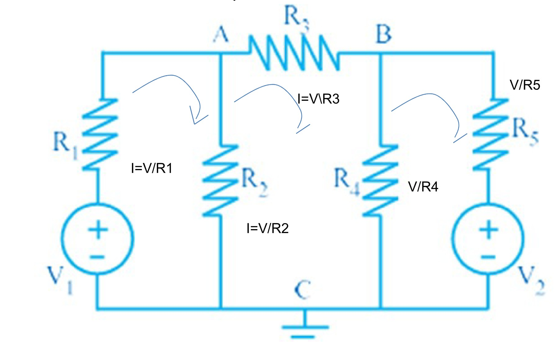 Circuit diagram with two voltage sources V1 and V2, five resistors R1 through R5, two nodes A and B, a ground node C, and labeled currents corresponding to each branch.