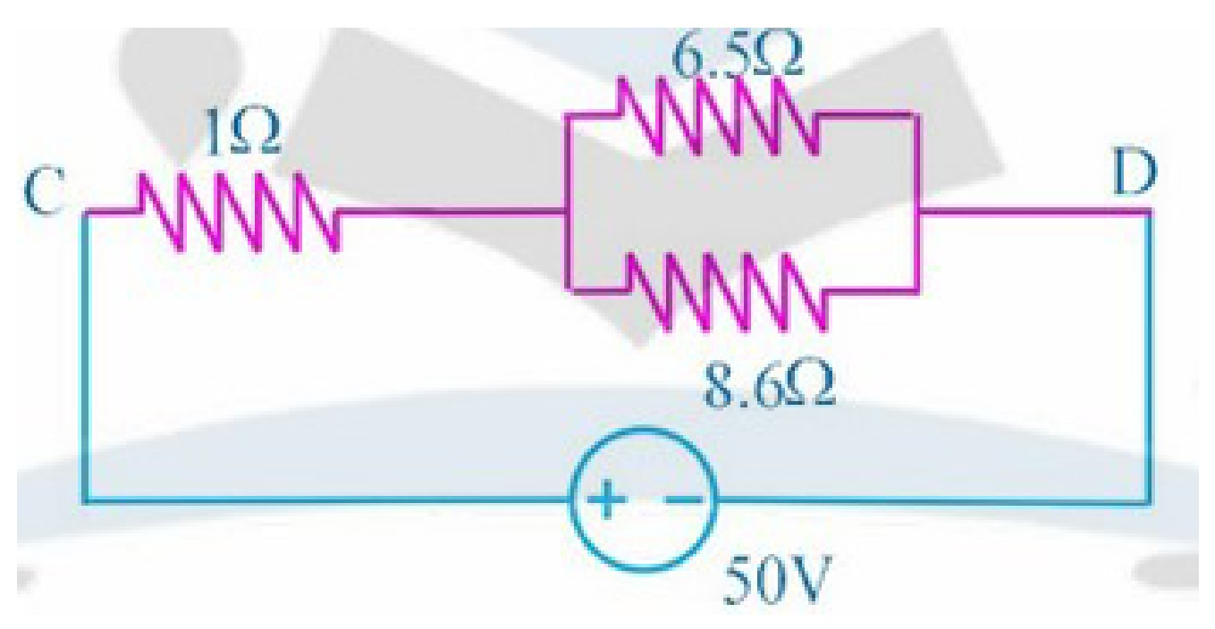 Circuit diagram of three resistors connected in series with a voltage source V = 100 V