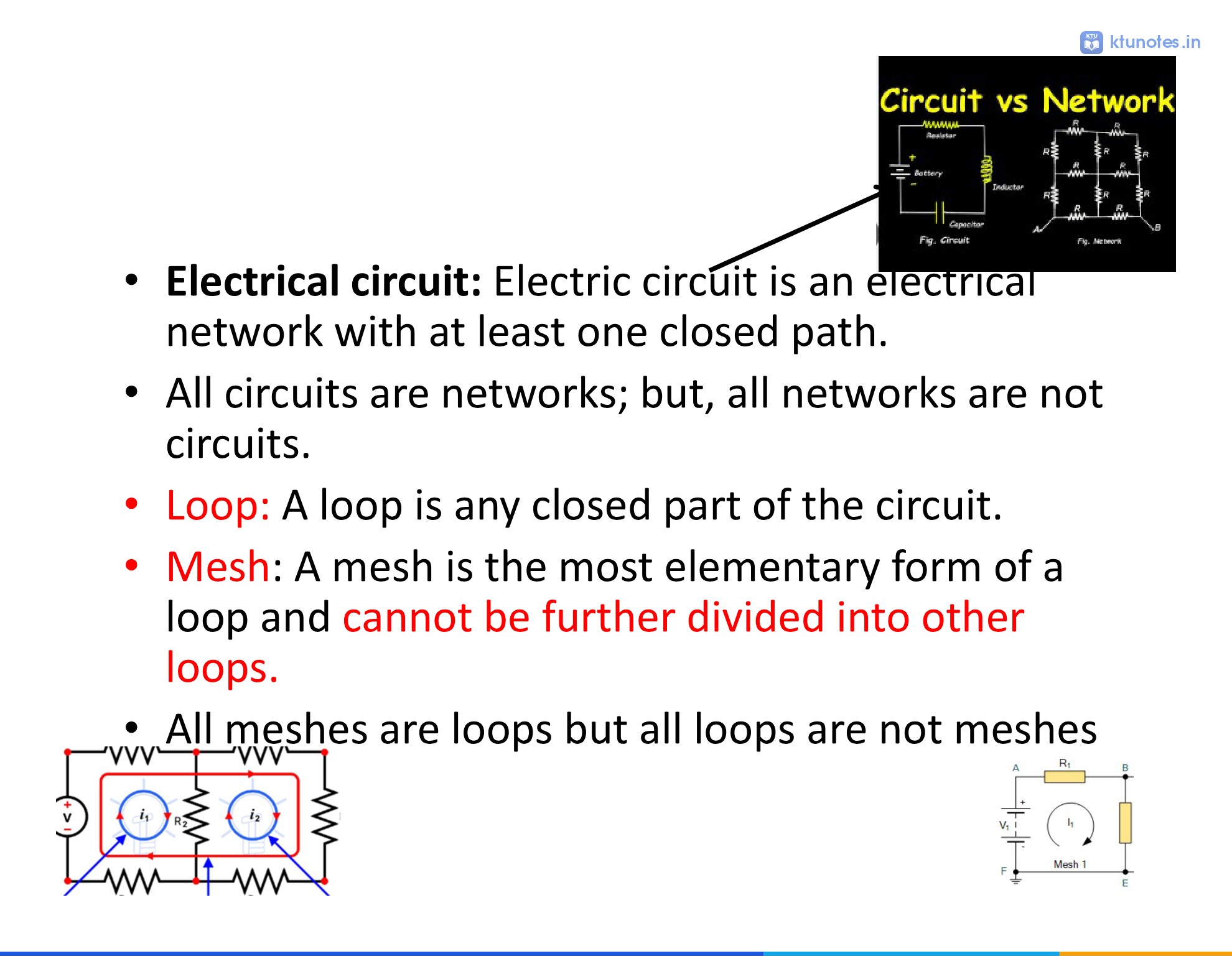 Single mesh circuit labeled Mesh 1 with current i1, voltage source V1, and resistor R1.