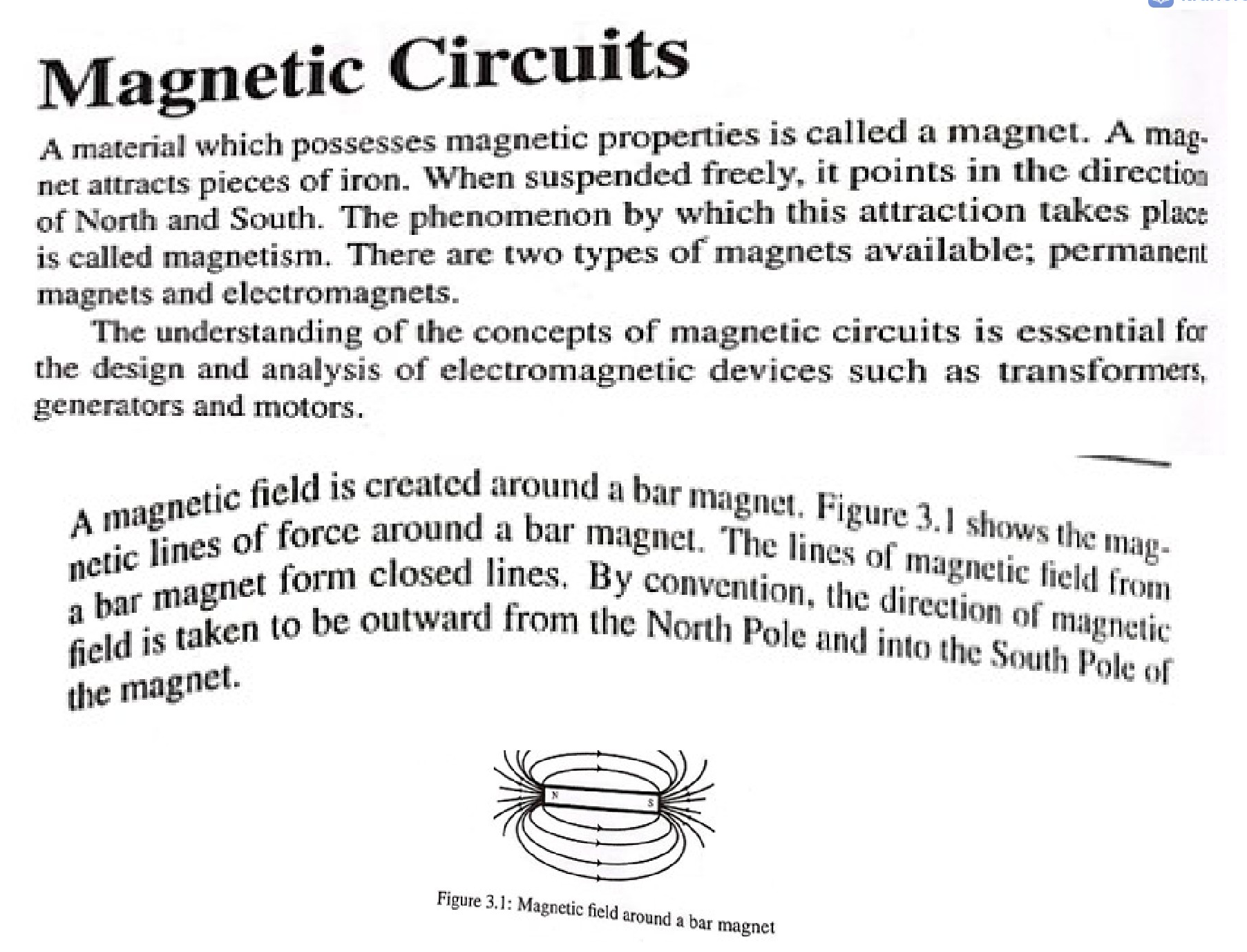 Magnetic field around a bar magnet showing closed lines of force originating from the North (N) pole and entering the South (S) pole.