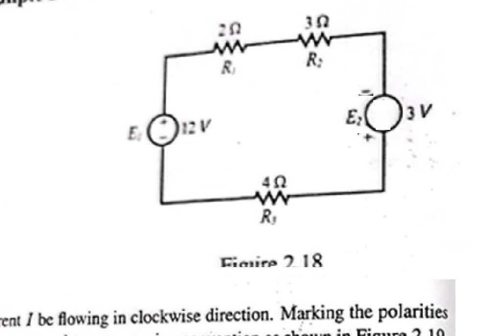 Circuit diagram with two voltage sources E1 (12 V) and E2 (3 V) and three resistors R1 (2 ohm), R2 (3 ohm), and R3 (4 ohm).