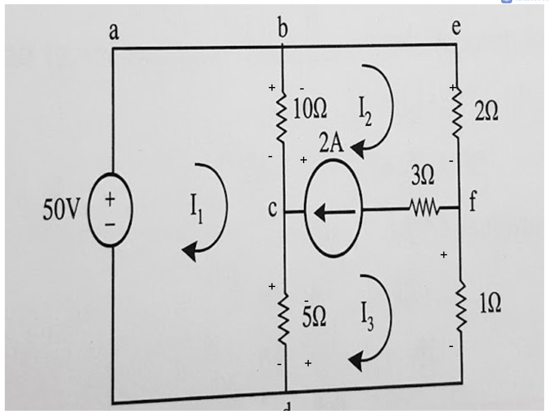 Electrical circuit diagram with three mesh currents, voltage source, current source, and resistors