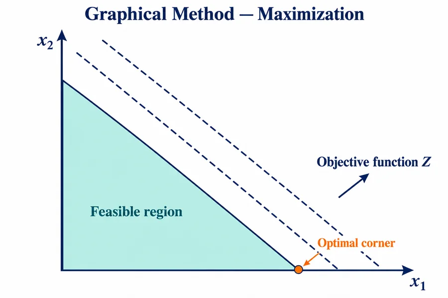 The objective lines z = constant slide across the feasible region; the optimum is at a corner