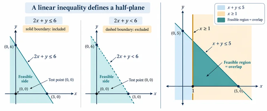 A linear inequality defines a half-plane; the feasible region is the overlap of the half-planes