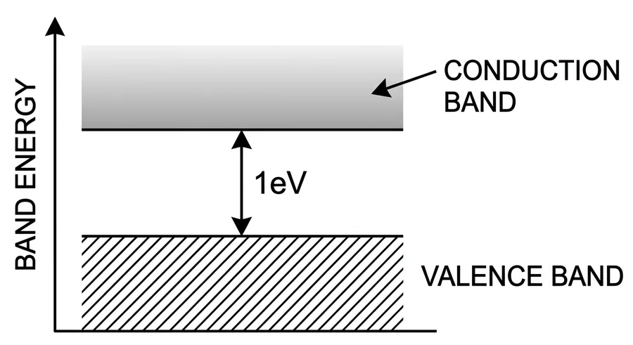Conduction and valence band separated by a forbidden gap of about 1 eV