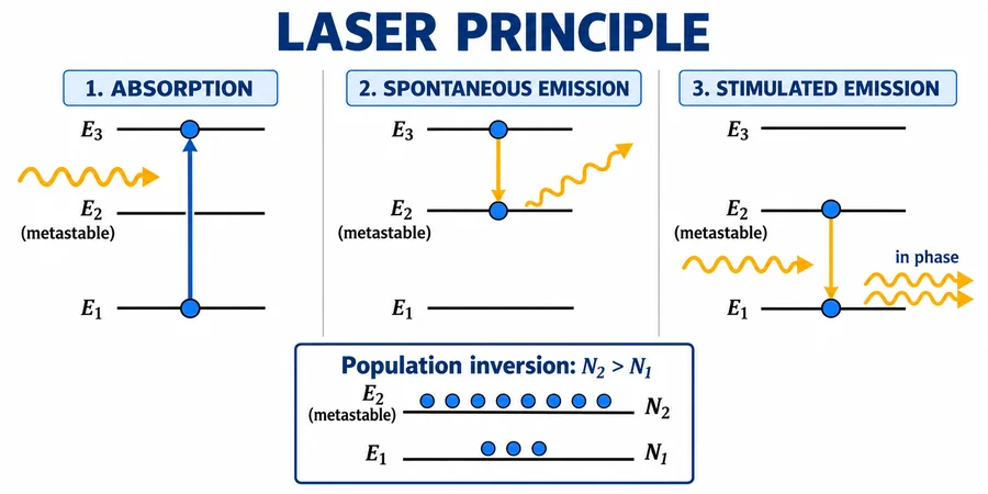 Laser principle: absorption, spontaneous emission and stimulated emission, and population inversion N2 > N1