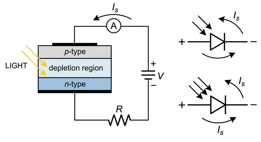 Photodiode biasing: light falls on the depletion region of a reverse-biased p-n junction, with ammeter measuring the reverse current I_s; photodiode symbols