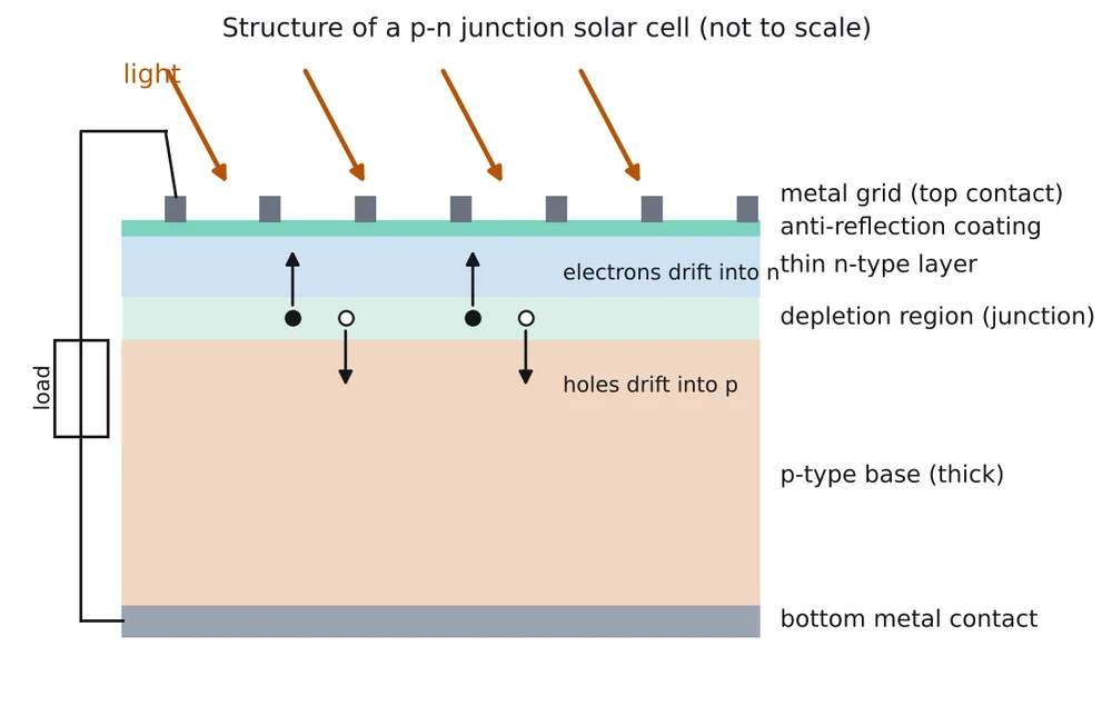 Structure of a solar cell: metal grid on top, anti-reflection coating, thin n layer, depletion region, thick p-type base and bottom contact