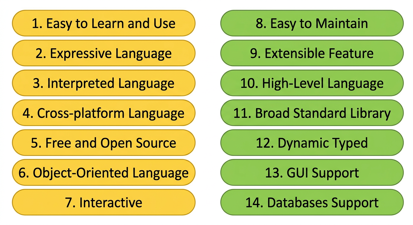 Features of Python list of 14 points arranged in two columns of rounded rectangular buttons
