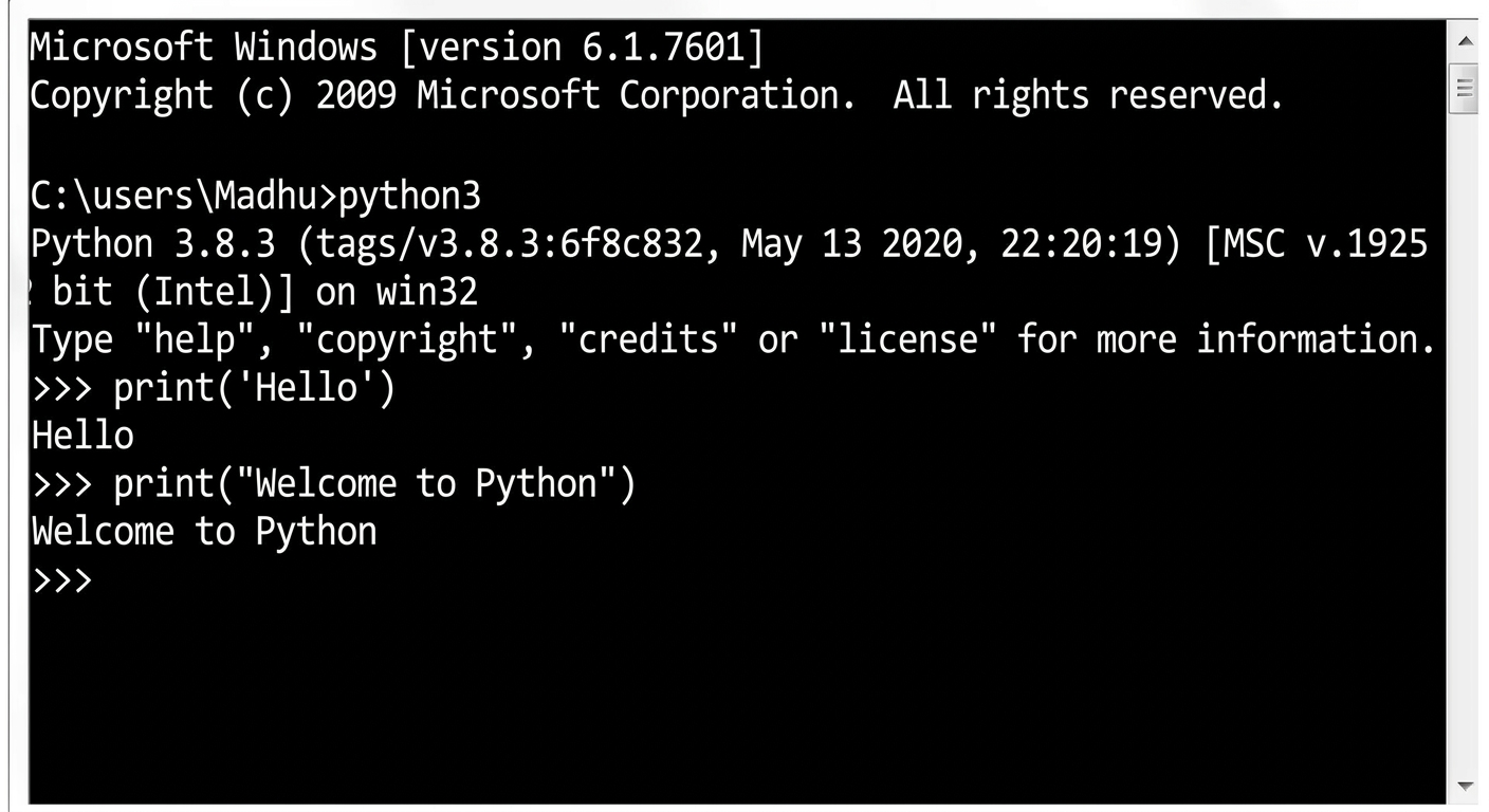 Command prompt window showing Python 3.8.3 interactive session executing print statements