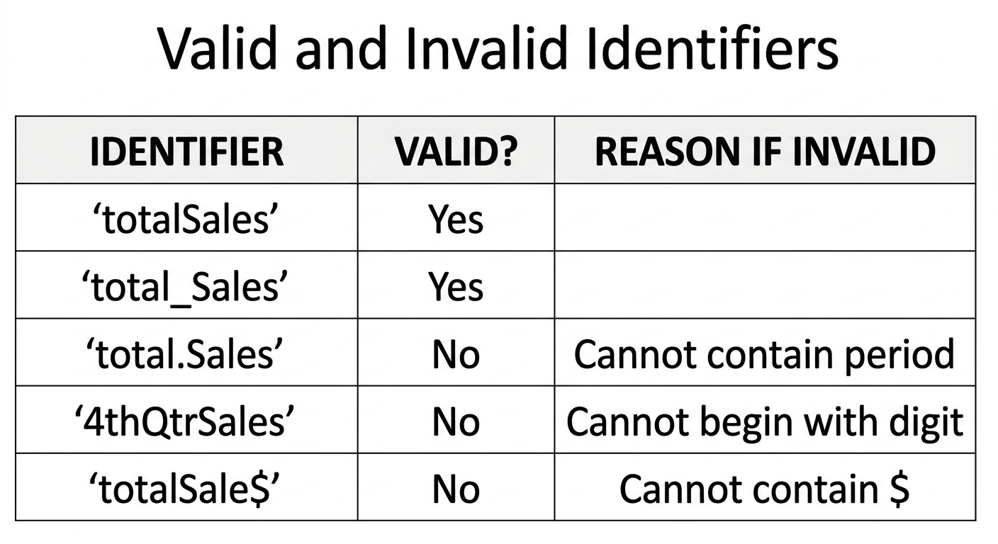 Table of Valid and Invalid Identifiers