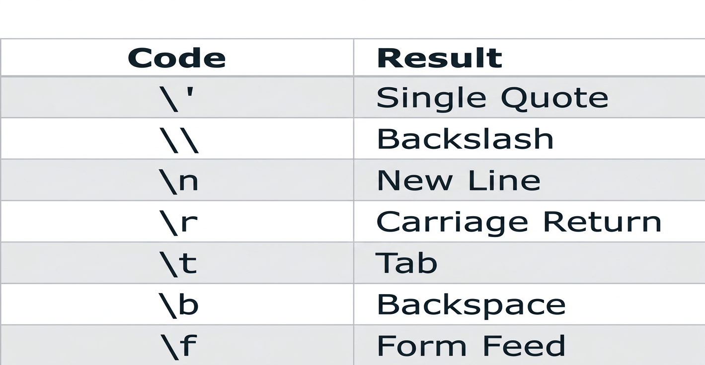 Table of escape sequence codes and their results