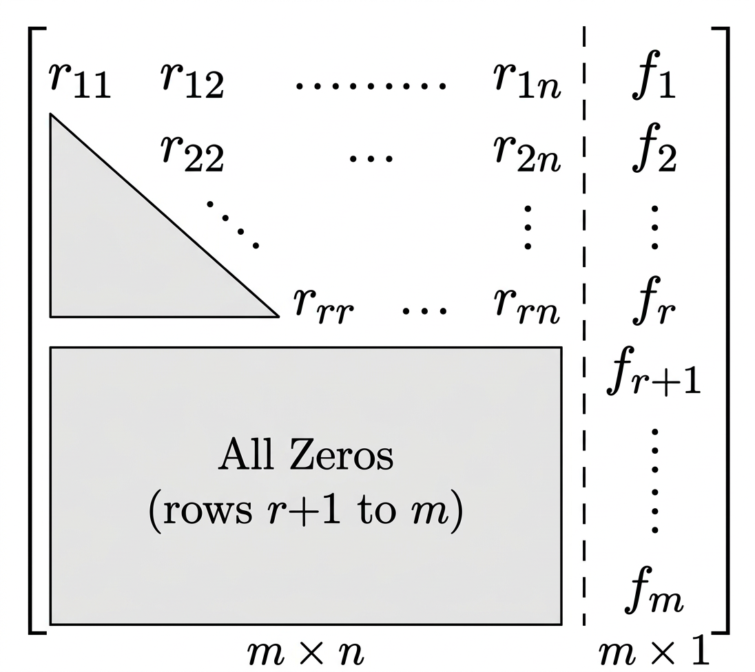 Row echelon form of an augmented matrix showing zero regions